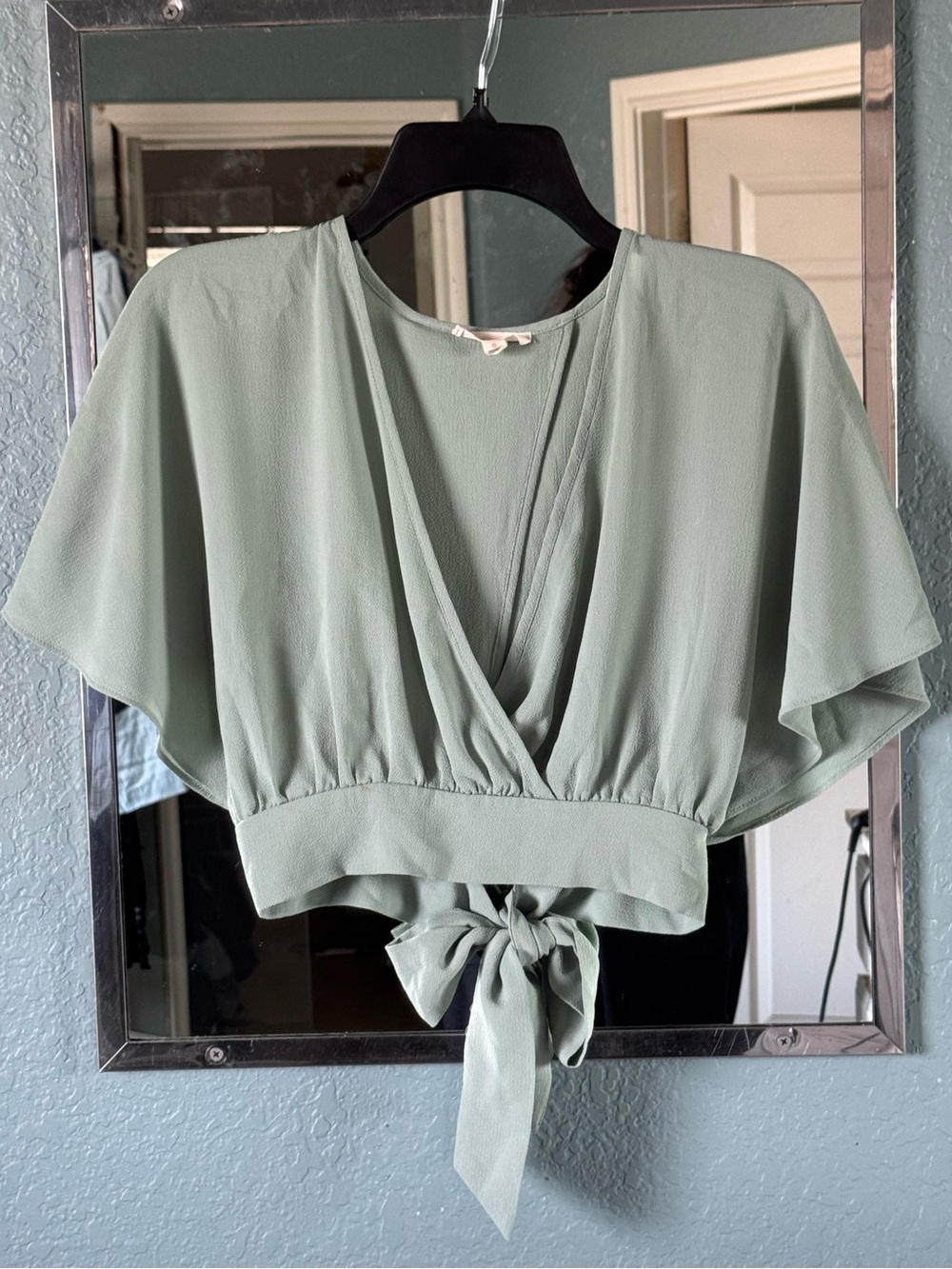Anthropologie Sage Green Tie-Back Cropped V-Neck Top